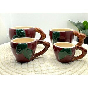 Set Of 4 Ceramic Measuring Cups With Leaf & Branch Handles 1 Cup-1/8 Cup Stacked